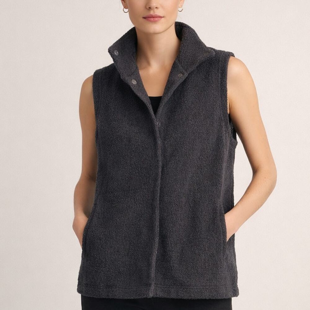 Eileen Fisher Vest Womens S Black Cotton Boucle Snap Hiking Outdoor Small